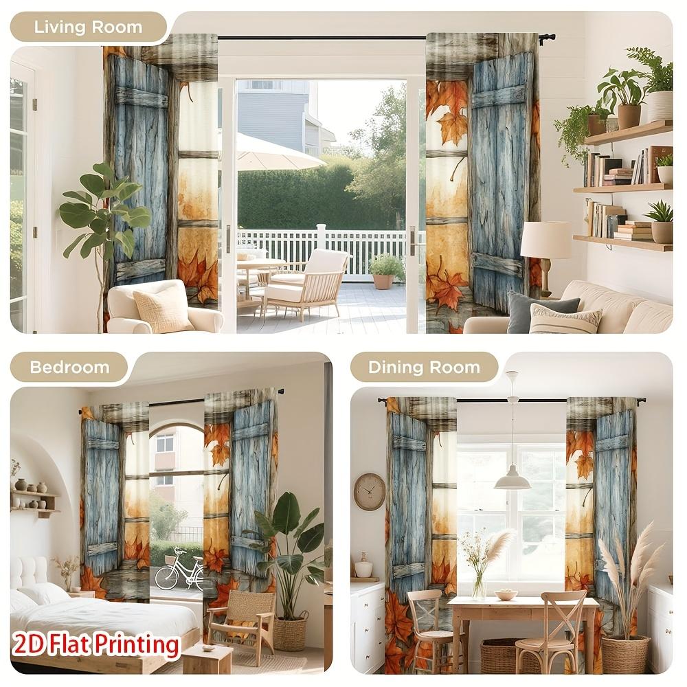 2PCS Thanksgiving Fall Curtains, Wooden Door Maple Leaf, Digital Print, Bedroom Living Room, Office, Kitchen, Bathroom