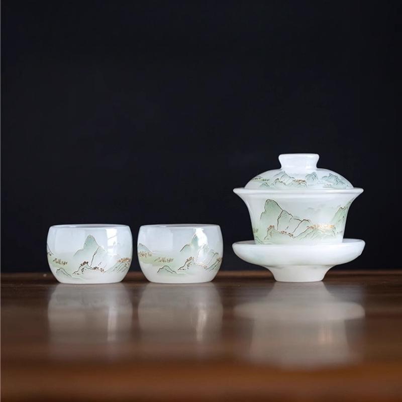 

Landscape glazed cover bowl two cups three talent cover bowl kung fu tea set household tea set tea set 200ml