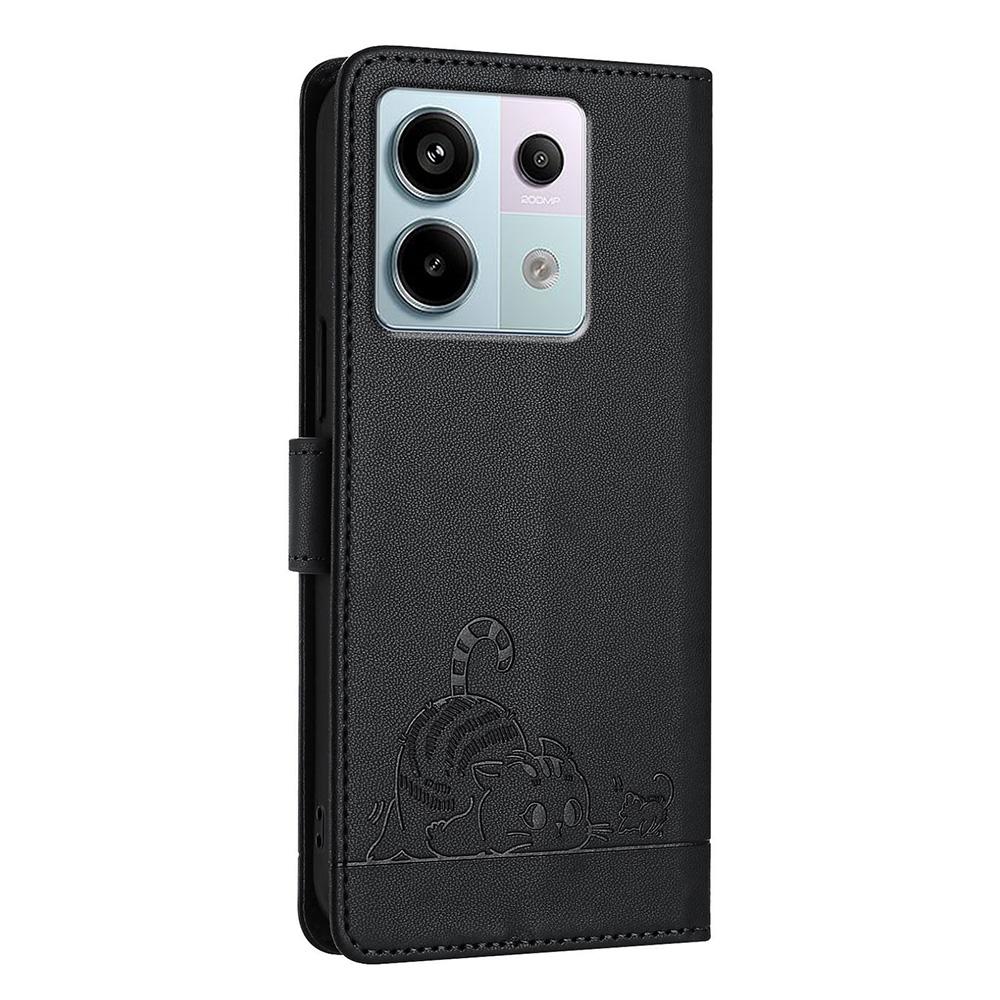 For Xiaomi Redmi Note 13 Pro 5G/Poco X6 5G Case with Strap RFID Blocking Leather Wallet Phone Cover Cat Mouse Pattern - Black