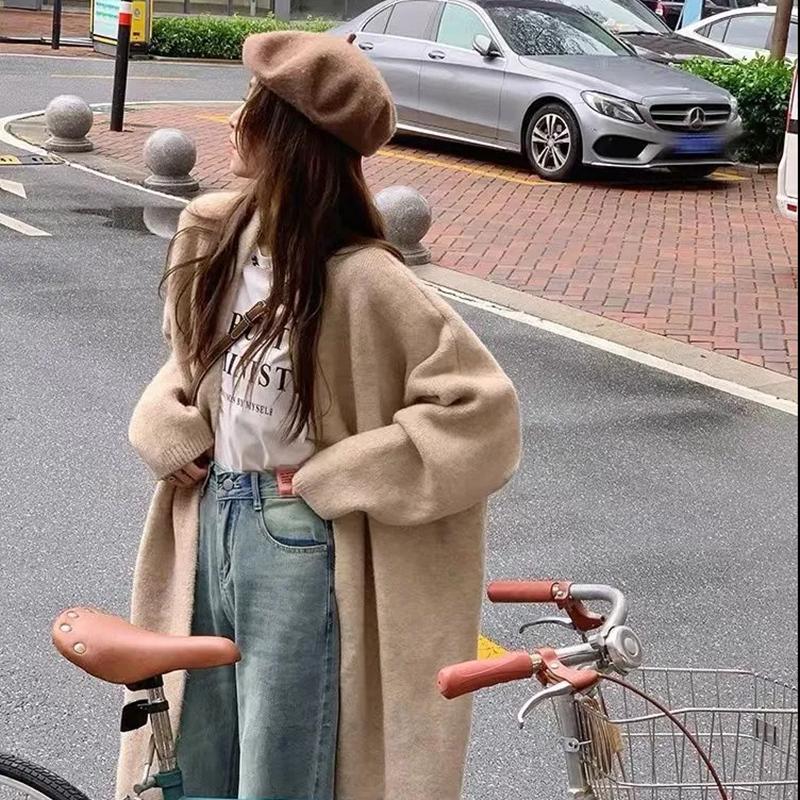 Pulover de lungime mijlocie de toamnă și iarnă Palton cardigan Versiune coreeană pentru femei Nișă stil leneș și leneș Pulover tricotat peste genunchi