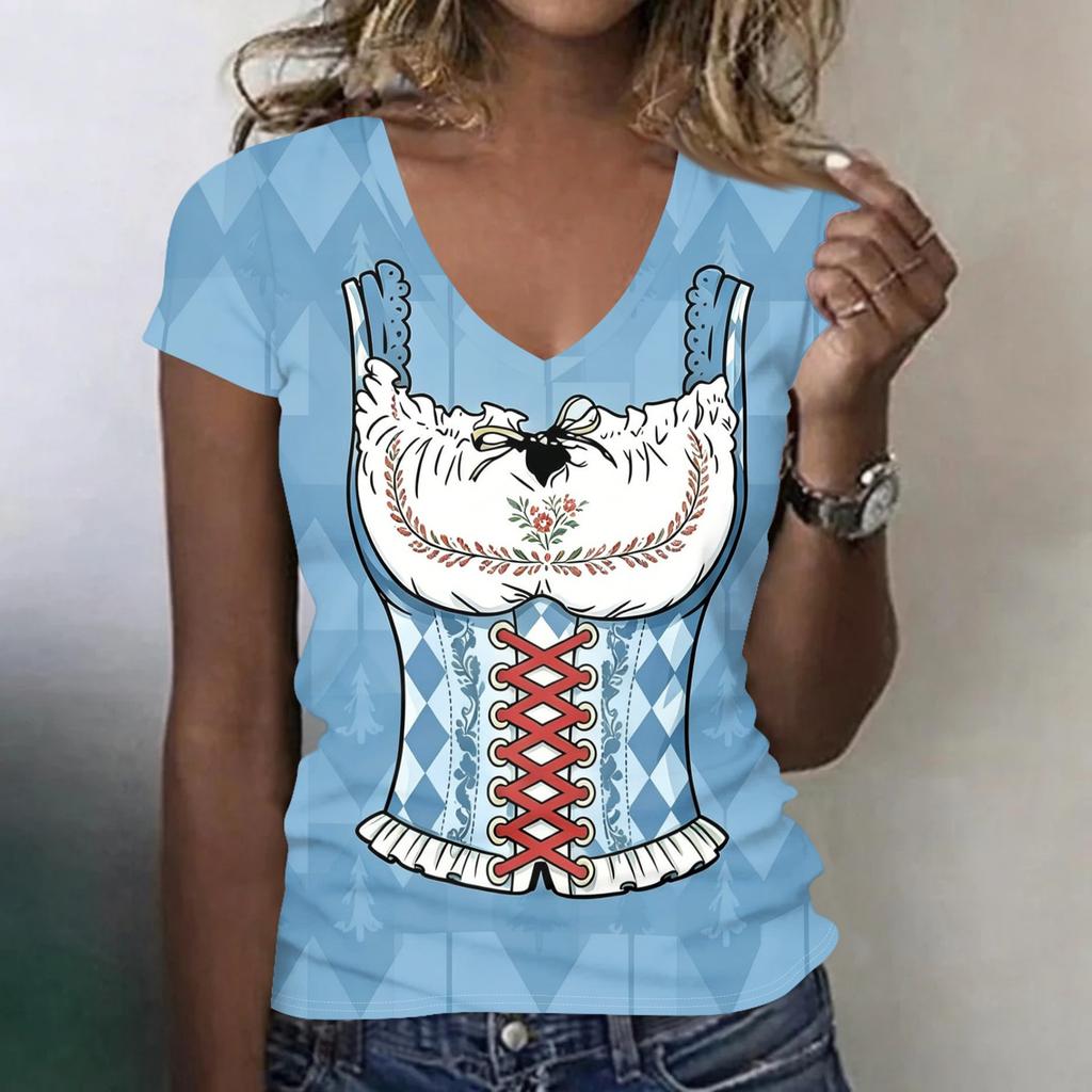 Camiseta Casual de Manga Corta con Cuello en V para Mujer Estampado Oktoberfest Top Tejido Ligero y Transpirable Camiseta de Corte Holgado para Uso Diario
