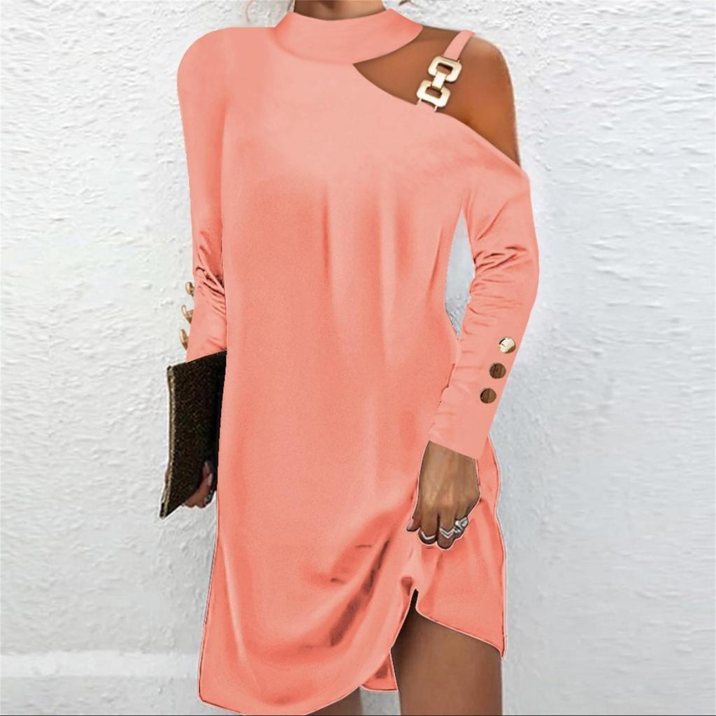Abito da donna casual a tinta unita slim fit con scollo rotondo e spalle scoperte a maniche lunghe