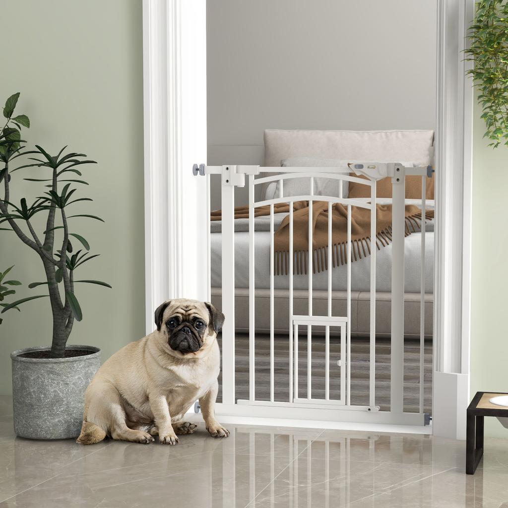 Pressure Fit Stair Gate, Dog Gate W/ Small Cat Door, Auto Closing System, Double Locking Openings, 74-80cm - White
