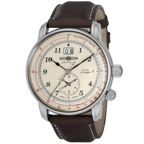 Zeppelin Los Angeles Watch, Silver Dial, Stainless Steel, Quartz, Dual Time, 41.5mm, German, 8644-5, Men's, Brown