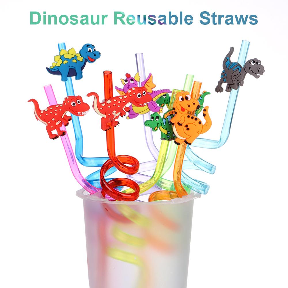 Straw Kids Drinking Decor Straws-Plastic Dino Theme Cartoon Pattern Dinosaur Reusable Straws