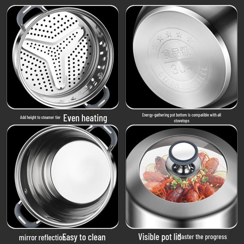 Large Capacity 304 Stainless Steel Steamer Pot with Thickened Multi-Layer Steaming Baskets for Household Use