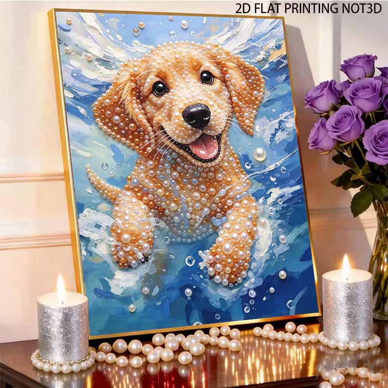 Swimming Golden Retriever Puppy Pearl Painting Kit with Frame Sparkling Bead Canvas Creative Leisure Craft for Wall Decor and Unique Gift