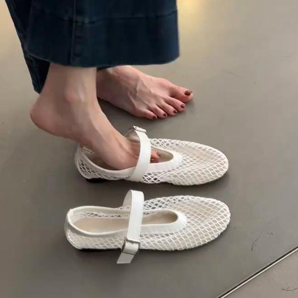 Sheepskin Version~ Korean Version of Niche Mesh Yarn Hollow Shallow Mouth Single Shoes Women's Summer One-word Belt Outside Wear Breathable Flat Sand