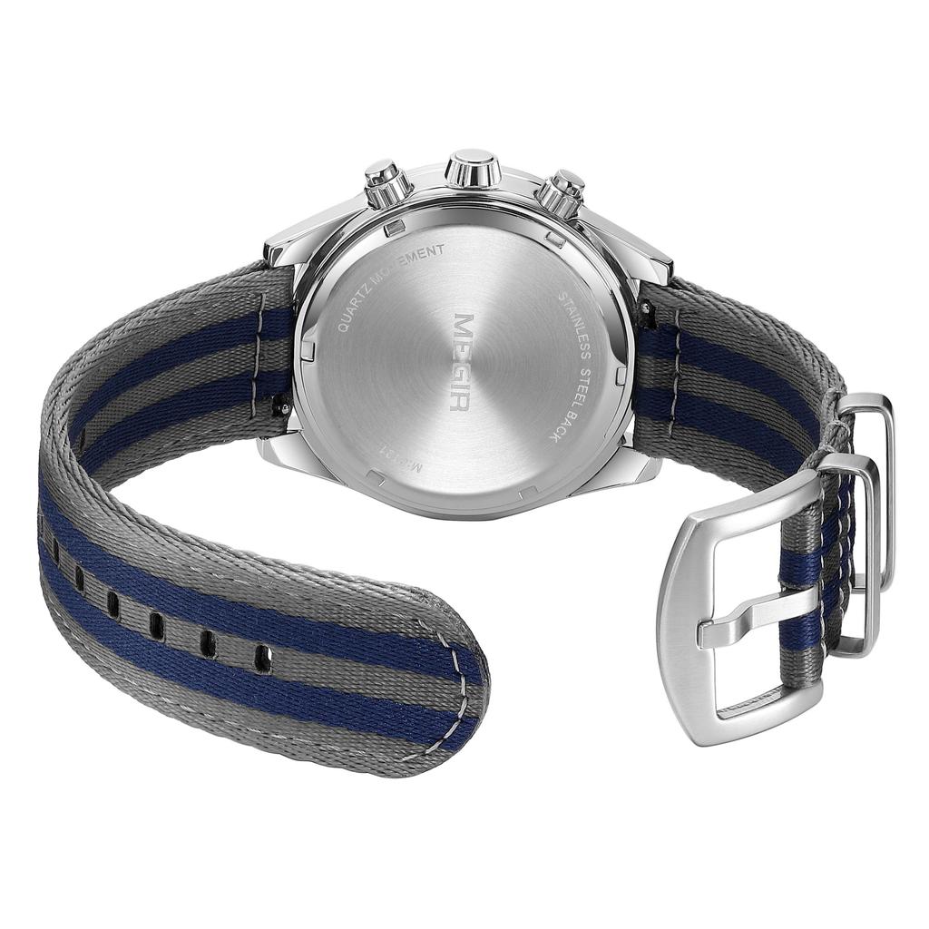 MEGIR Men's Sport Chronograph Watch, Outdoor Casual Quartz Wristwatch, 3ATM Water Resistance, Striped Canvas Band, Date Display
