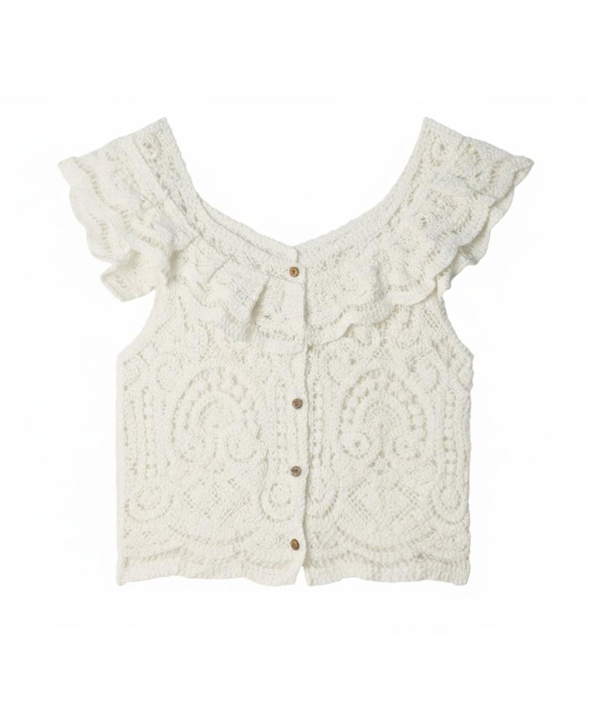 VIKINI VENDER Dillys Crochet Button Sleeveless Top - White