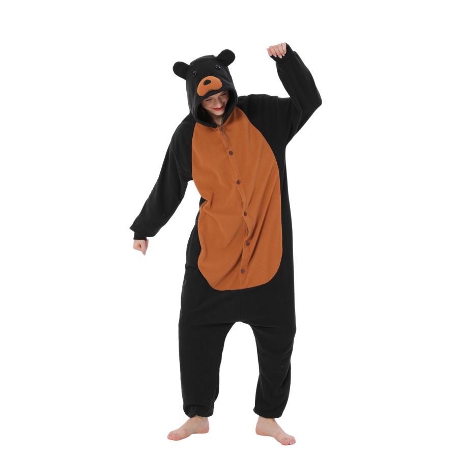 Autumn And Winter Cartoon Animal One-Piece Pajamas Black Powder Bear Fleece Loungewear