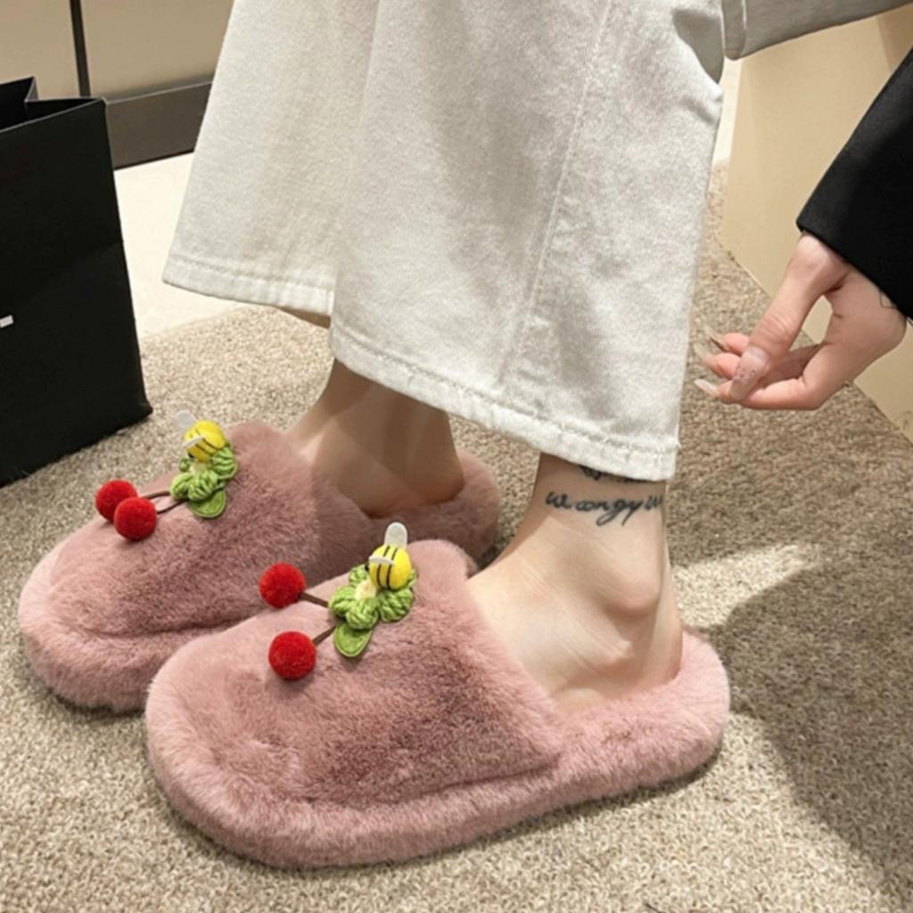 2024 Zimowe Buty Damskie Wiśniowe Kapcie Domowe Casualowe Damskie Puszyste Klapki Jesienne Ciepłe Pluszowe Kapcie Sypialniane Damskie Bawełniane Buty
