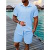 Mens Casual Solid Color Textured Short Sleeve Shirt And Shorts Two Piece Set