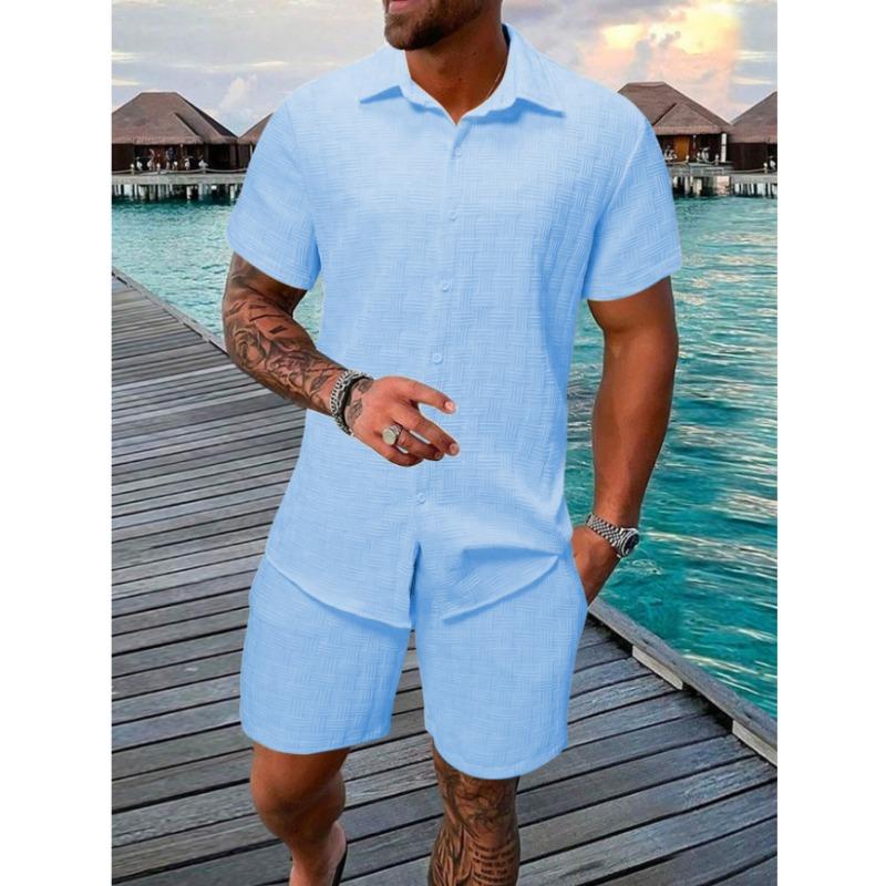 Mens Casual Solid Color Textured Short Sleeve Shirt And Shorts Two Piece Set