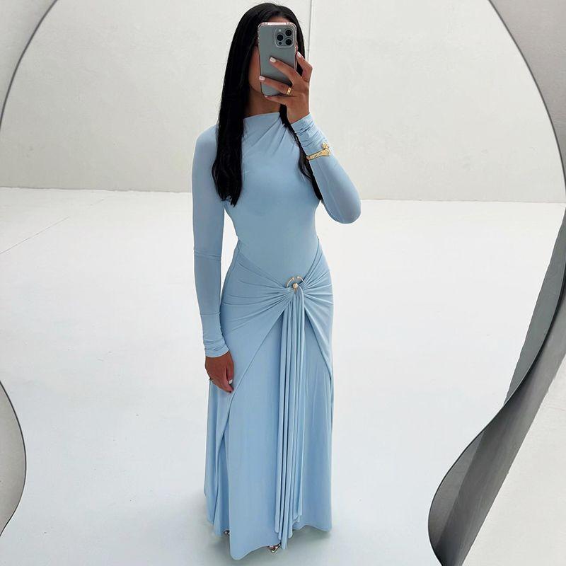 

# Sisjuly# Liard Chic Cross-Border Abstinence Beauty Ring Buckle Fold Design Long sleeve Vest Dress Women Blue L