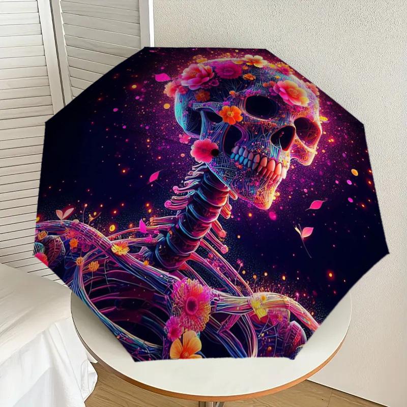 1pc Colorful Floral Skull Artwork Umbrella with Plastic Handle,Suitable for All Seasons Home Travel Outdoor UmbrellaDD1391