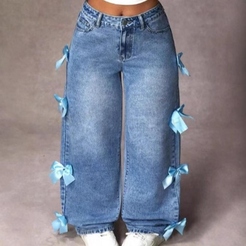 Y2K Streetwear Butterfly Knot Patchwork Washed Denim Jeans Loose Straight Leg Wide Fit Womens Pants