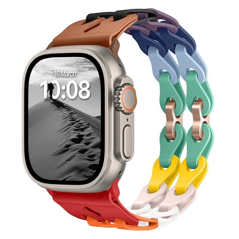 Pulseira de Silicone de Elo Duplo para Apple Watch Band Ultra 2 49mm 44mm 40mm 45mm 41mm 42mm Bracelete para Series 9 8 7 6 5 4 SE 3