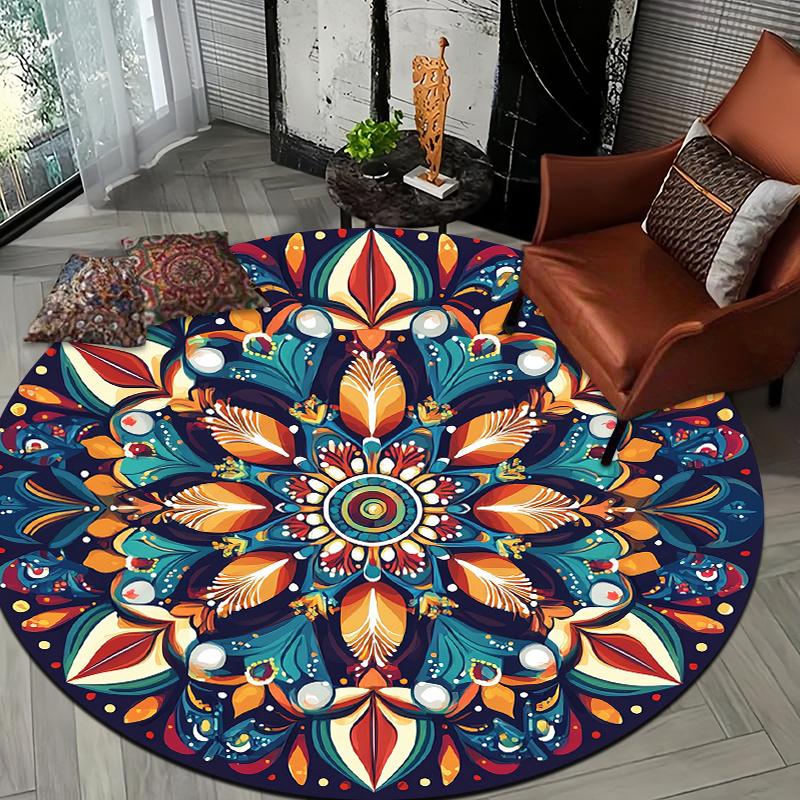 Colorful Mandala Art Style Flannel-printed Round Floor Mats Are Slip-resistant Suitable for Room Bedroom Terrace Garden Carpets