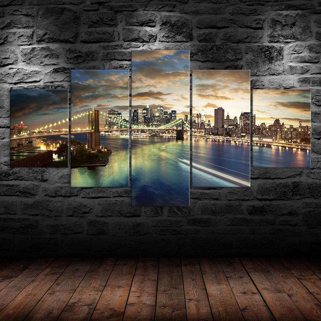 Brooklyn Bridge Manhattan New York Scenery 5 Piece Five Panel Wall Canvas Print Modern Art Poster Home Decor Gift For Him For Her