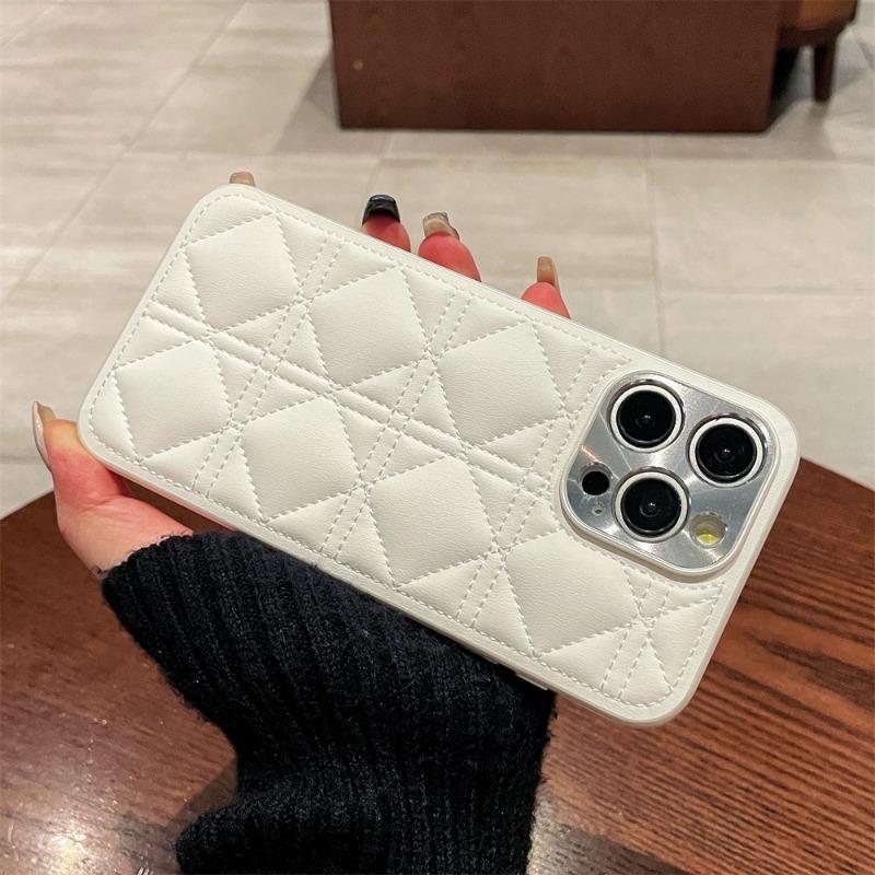 Plated Leather PU Plaid Grid Pattern Phone Case for iPhone 16 Plus and Pro Max
