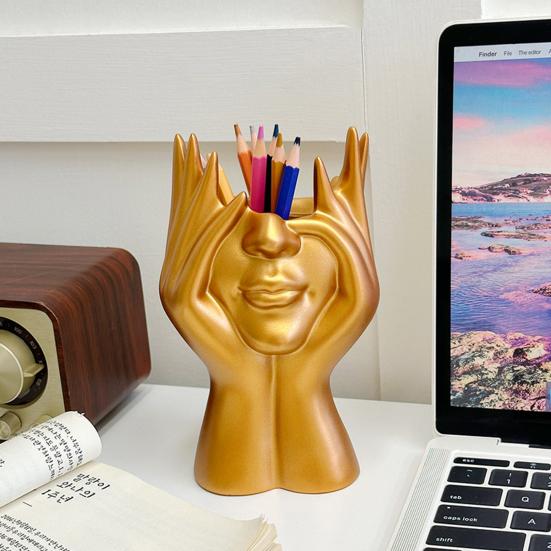 Abstract Face Design Pen Holder Creative Sculpture Large Capacity Desktop Organizer for Pens Erasers Crayons Markers Makeup Brush