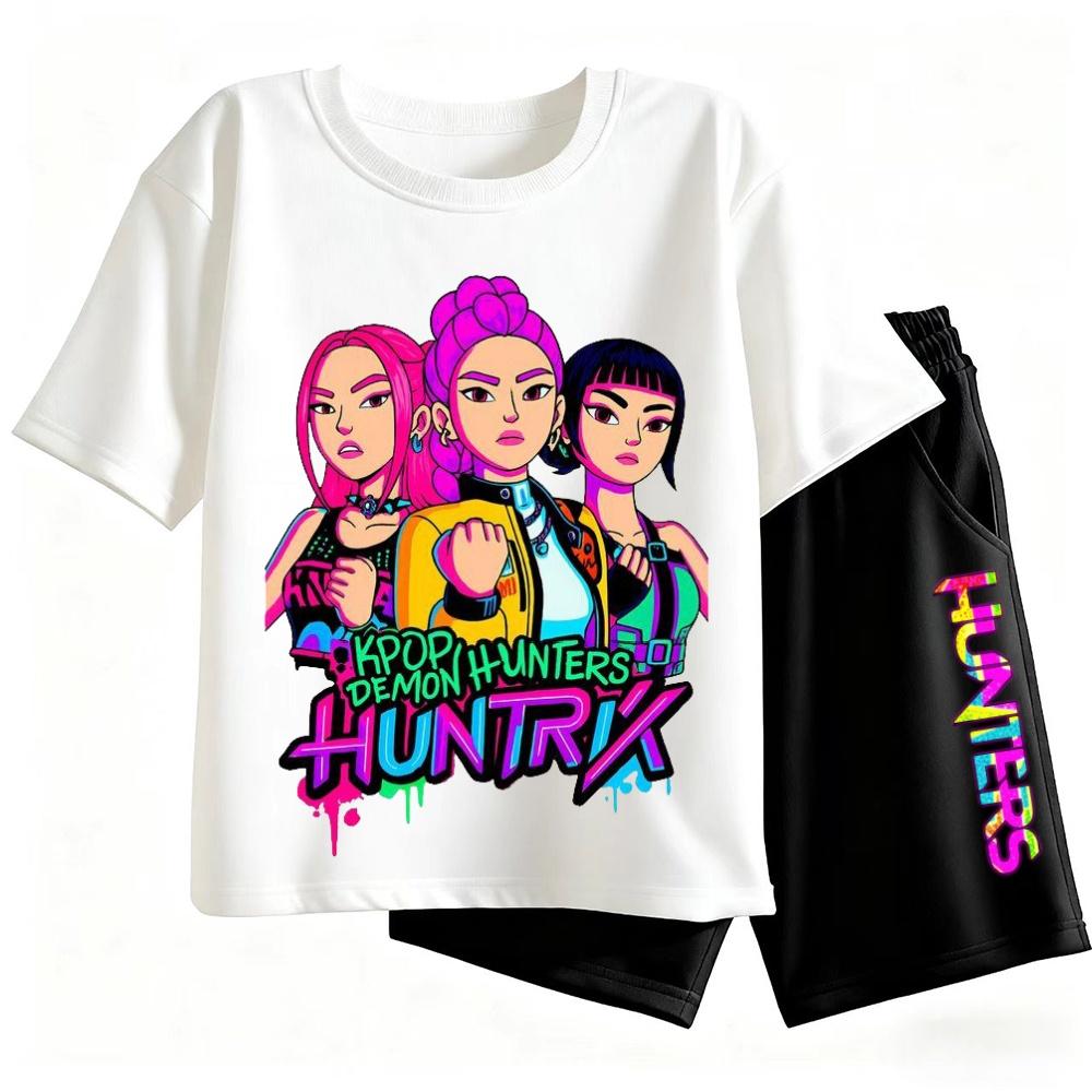 2pcs Kpop Demon Hunters Short Sleeved Shorts Set Featuring Rumi Mira Zoey Girl Group Magical Warrior Fan Tops