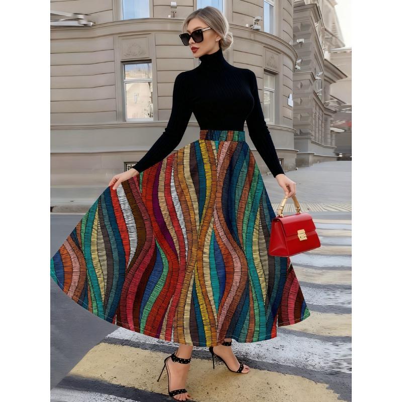 Printed Design four seasons casual style Colorful Striped Wavy Pattern Print half skirt