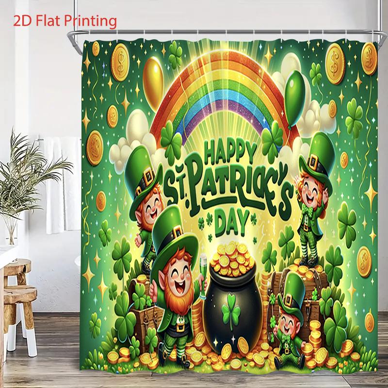 4PC-St Patrick's Day  shower curtain set with 12 hooks, shower pad, toilet seat, bathroom non slip carpet, washable curtains for home decoration