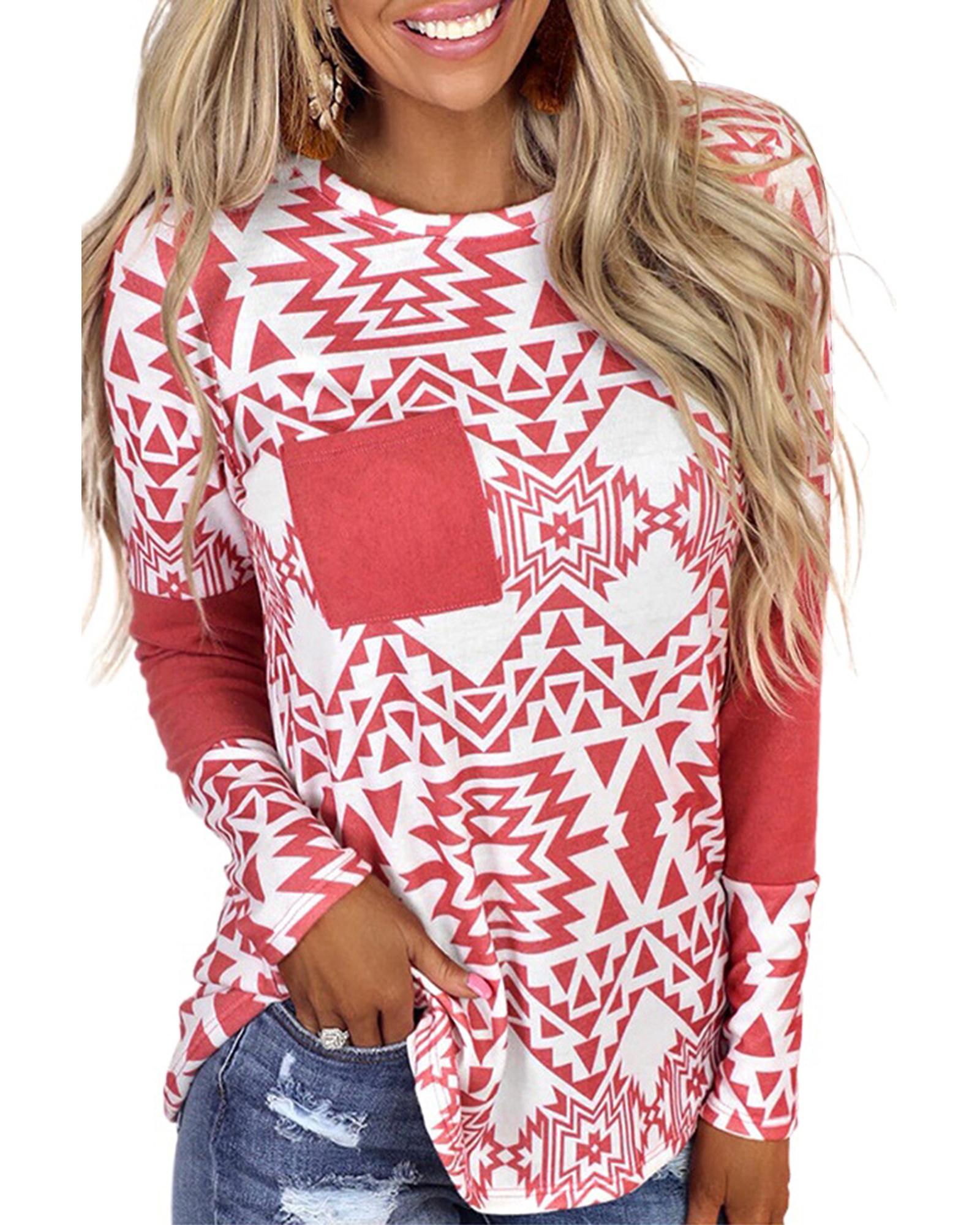 

Azura Exchange Red Aztec Print Splicing Pocket Long Sleeve Top S червоний