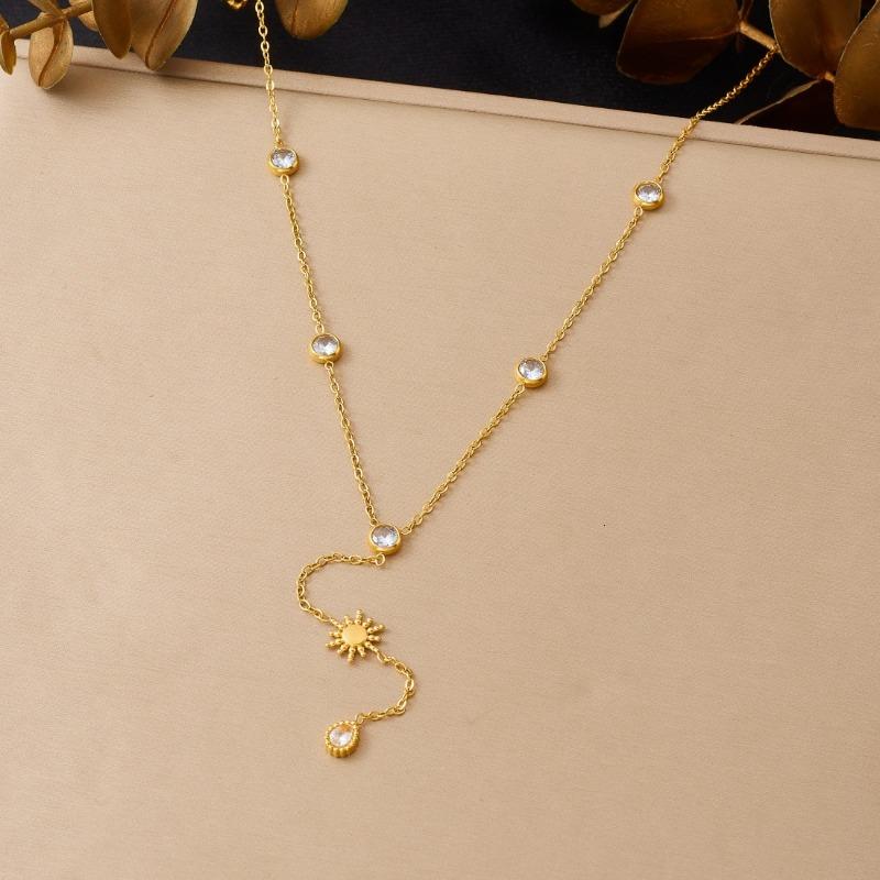 Gold Sun Charm Y-drop Necklace with Crystal Accents