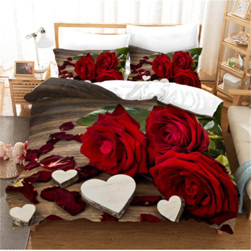 Rose Duvet Cover Set Pink Heart Rose Romantic Flower Theme Bedding Set For Lovers Double Queen King Size Quilt Cover