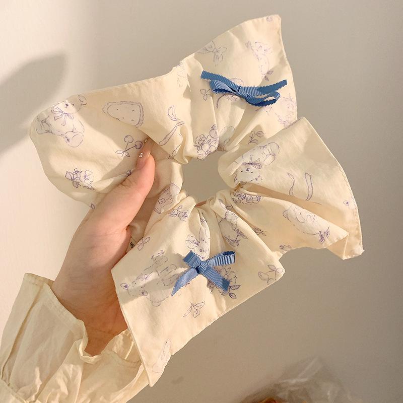 Handmade Cute Blue Rabbit & Bow Square Scarf Hair Tie for Sweet Girls & Students