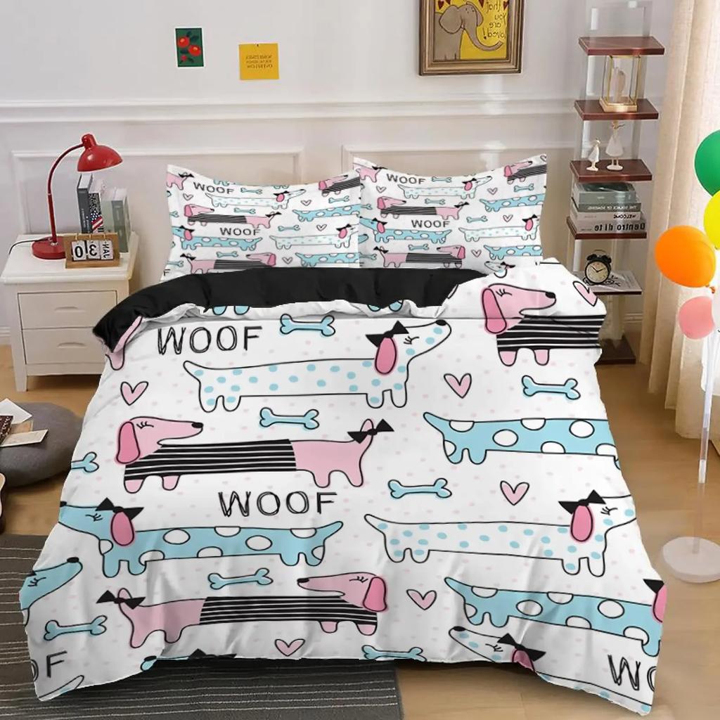 Dachshund Duvet Cover Set Cartoon Style Dachshunds King Size Bedding Set for Dog Lovers Boys Teens 2/3pcs Twin Comforter Cover