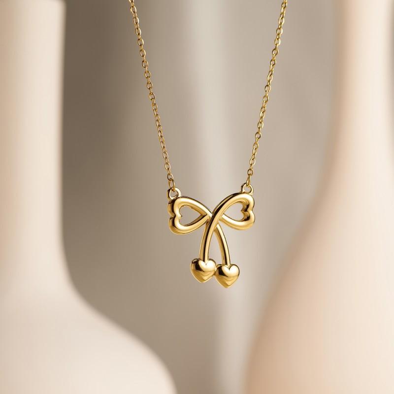 3D Gold Love Heart Bow Cherry Pendant Choker Necklace for Women 18K