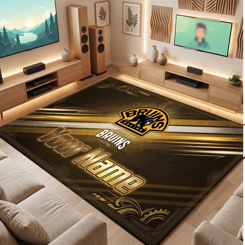 Tappeto in Cristallo Vellutato Personalizzato Boston Bruins, Tappeto Morbido Antiscivolo con Testo Nome Personalizzato per Soggiorno Camera da Letto