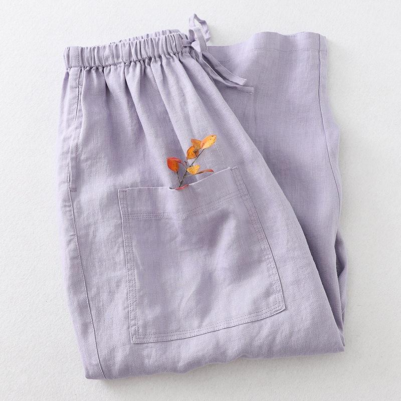 

Хлопково-льняные брюки Харлан длиной девять точек на шнуровке с эластичной талией и вышивкой, женские, новые осенние 2025 года, свободные и тонкие, зарубежные повседневные брюки 2XL светло-фиолетовый