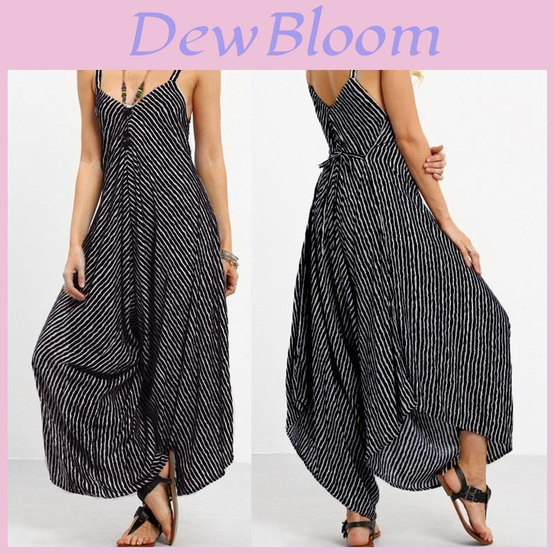 Tuta Lunga Nera Lussuosa da Donna Tuta Sexy Senza Spalline Casual a Righe Larga