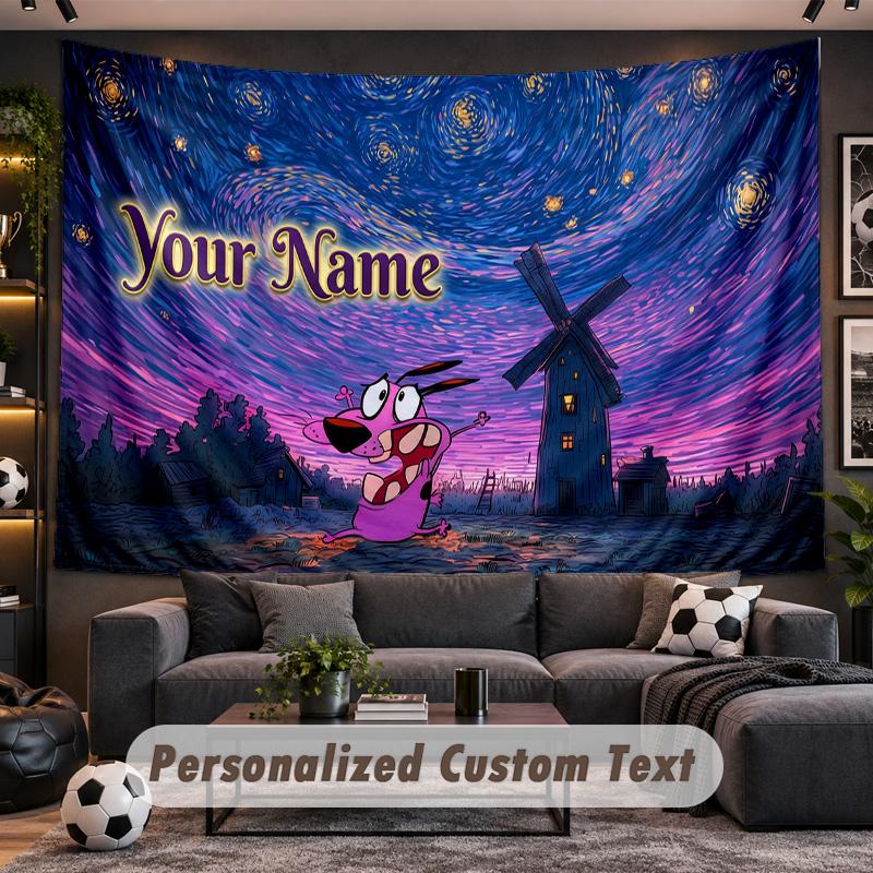 Courage the Cowardly Dog Personalized Tapestry Support Custom Name, Wall Art Home Decoration