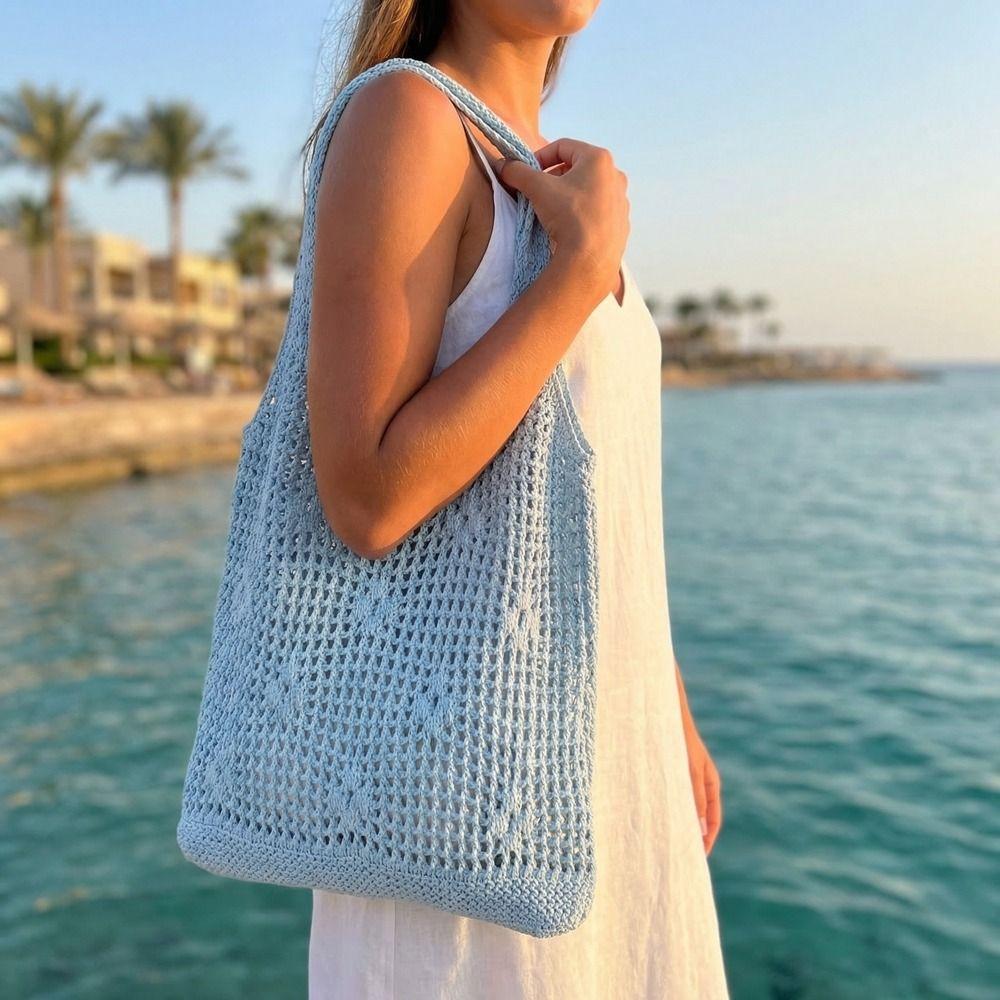 Braided Crochet Flower Tote Bag Solid Color Beach Bag Sweet Hollow Out Knitted Weave Bag  Daily