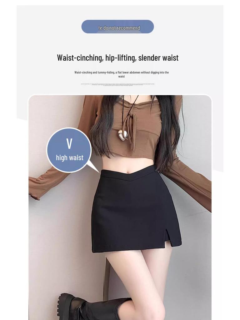 Frühling/Sommer 2024 Schwarzer A-Linien-Midirock mit hoher Taille, Stretch, schlankmachend, mit Schlitz - Hot Girl Edition