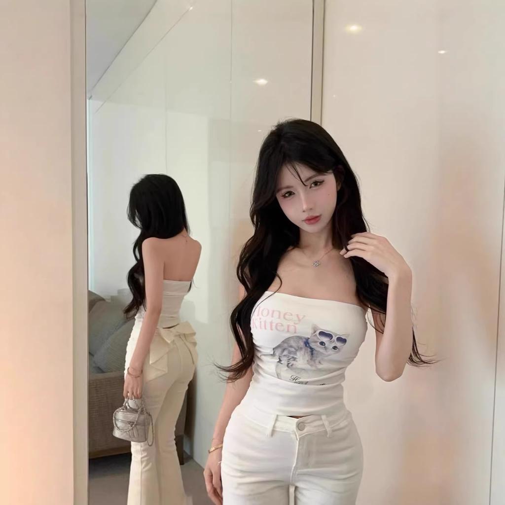 American Spice Girl Style Tub Top Women's Cat Print Design Sense Year Summer Slim Fit Sexy Chest Wrap Vest