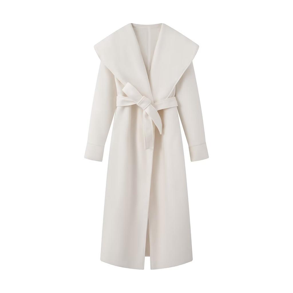 Nuovo, alla moda, cappotto in lana casual ampio con bavero grande e cintura, e cappotto.