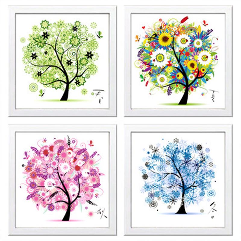 Blumenbaum Muster 4 Jahreszeiten DIY 5D Mosaik Runde Kristall Kreuzstich Diamantstickerei Kits, Packung mit 4 Heimdekoration