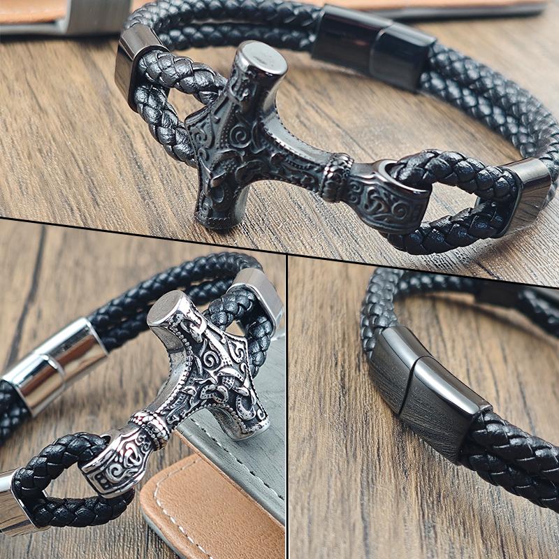 Fashion Stainless Steel Thor's Hammer Multilayer Braided Rope Leather Bracelet & Bangles for Men Jewelry Charm Homme Gift