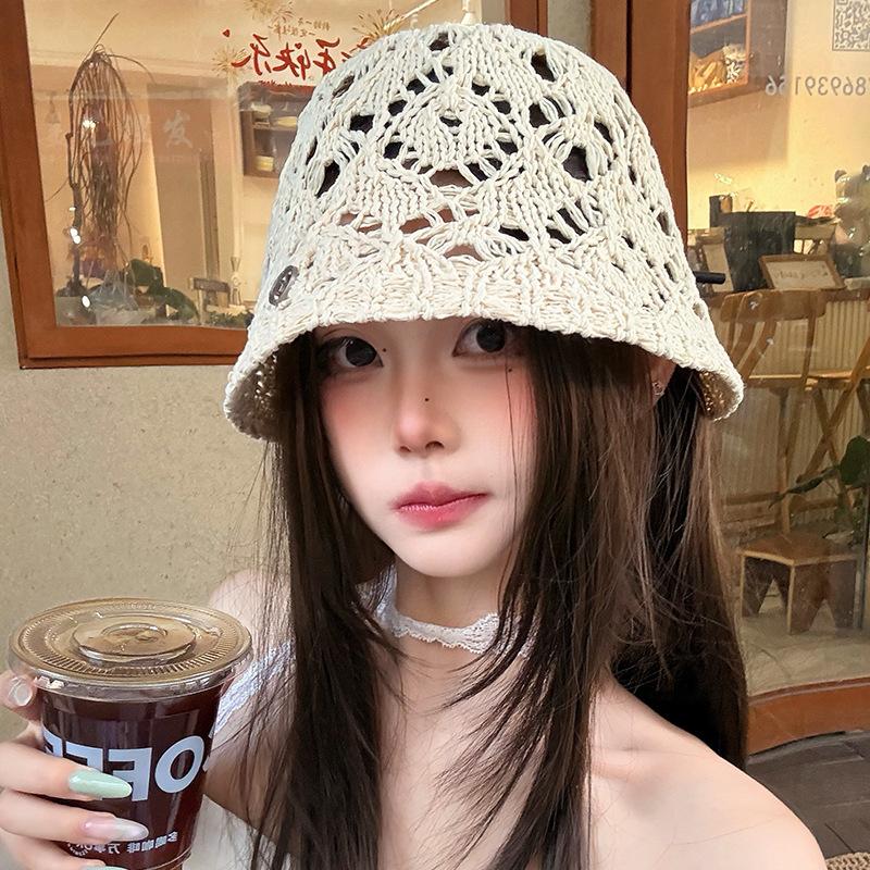 Women Hollow Floral Crochet Bucket Hat Breathable Openwork Wide Brim Sun Cap Lightweight Knit Fisherman Hat for Summer Daily Outdoor Travel Beach one size