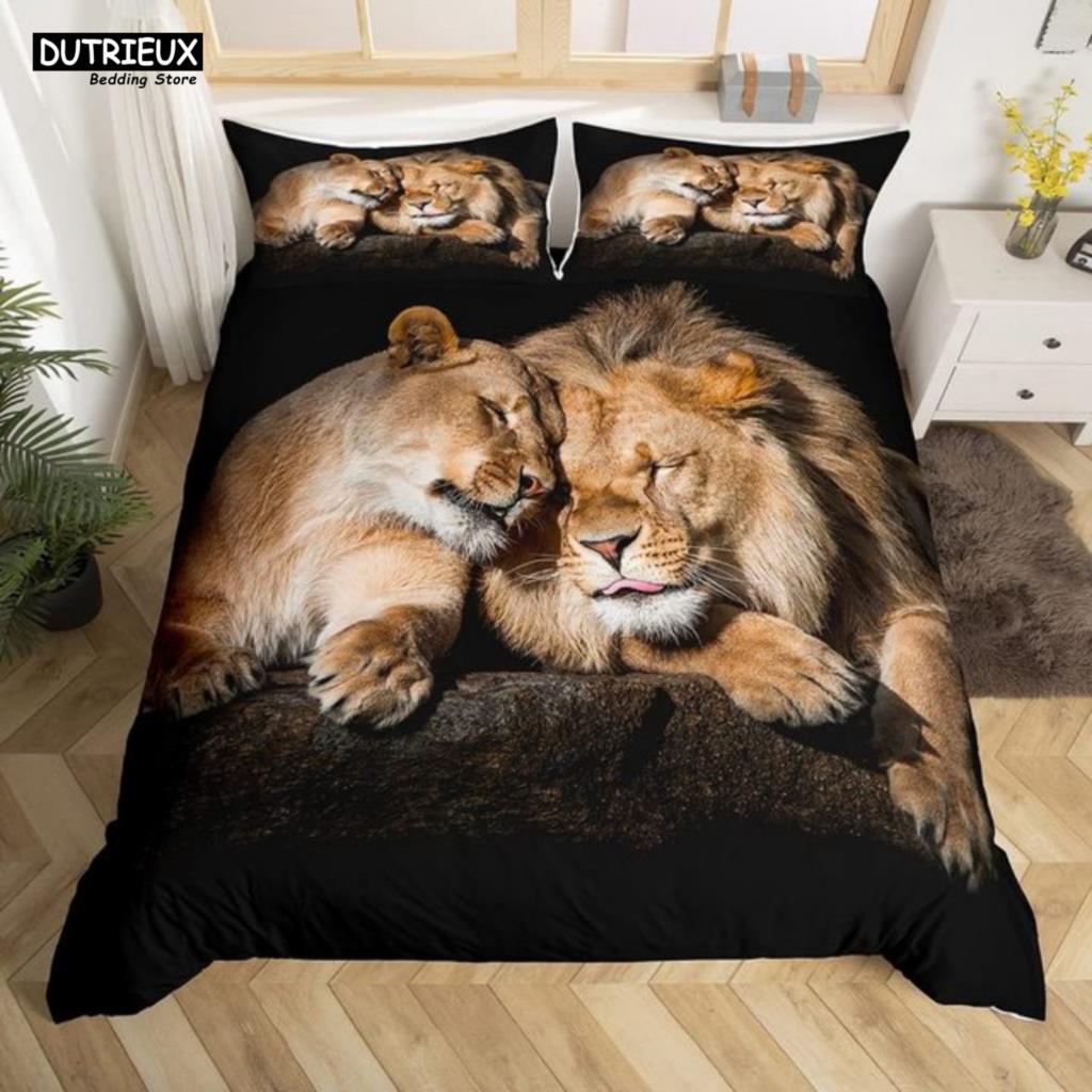 Comforter 3 - Pcs Strong Lions Tiger & Flame Wolf - Themed Bedding Set With Ideal For Kids & Women'S Rose Room Decor