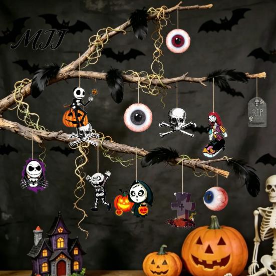 Halloween Hanging Decor 6Pcs Wooden Decoration, Ghost Pumpkin Eyeball Indoor Outdoor Ornament with Rope, Spooky Holiday Party