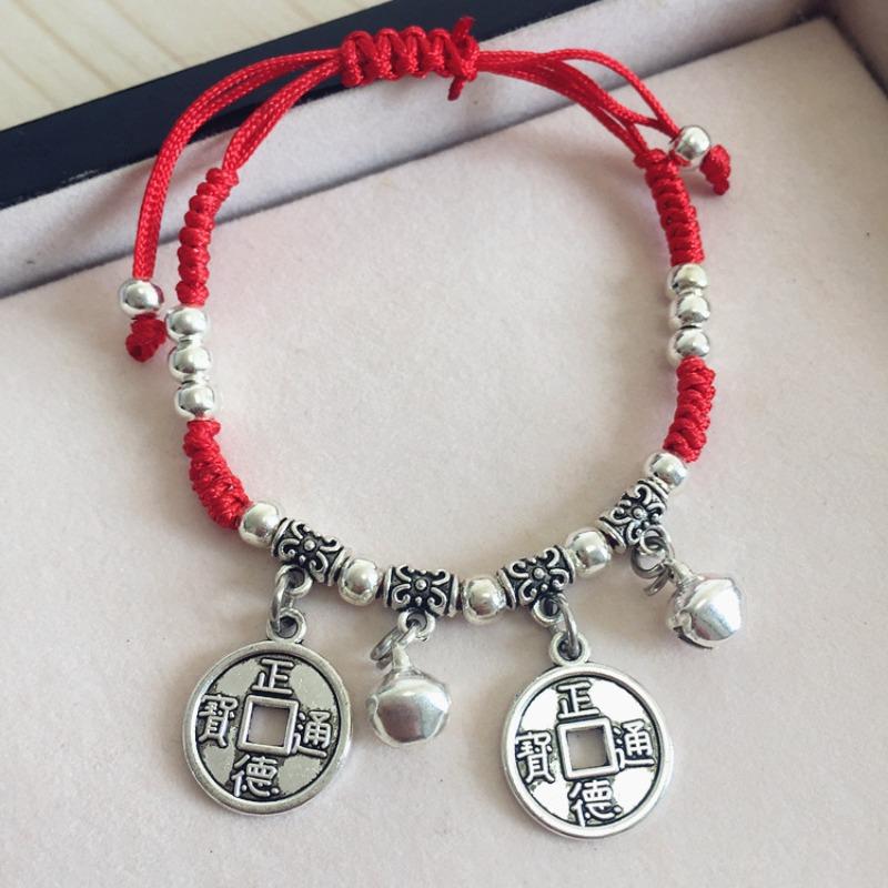 Retro red rope bracelet, small fresh couple bell, long life lock, safe anklet, handmade hidden silver jewelry.