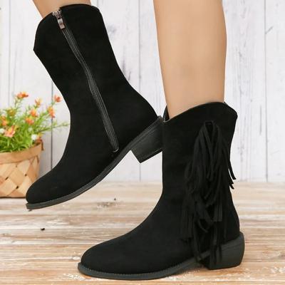 2024 Mode Damenschuhe Übergröße Mid-Calf Damenstiefel Seitlicher Reißverschluss Moderne Stiefel Damen Fransen Spitzschuh Niedrige Absätze Schuhe Weiblich